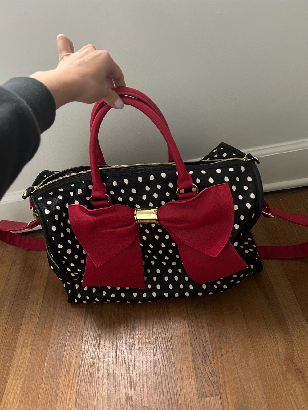 Stylish Black & White Polka Dot Satchel with Red/ Dark Pink Bow Accent